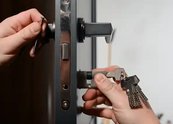 Technician installs a new door lock
